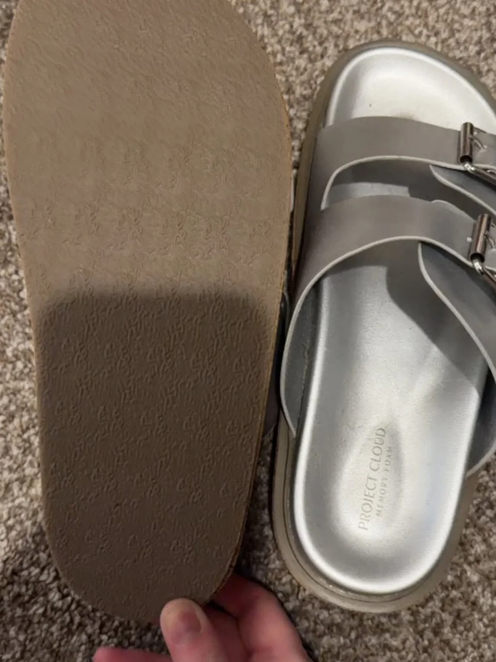 Project Cloud Silver Metallic Dual-Buckle Platform Slides